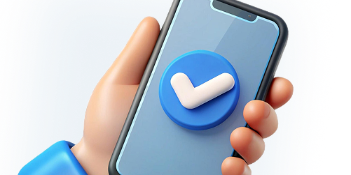 hand holding a phone with a checkmark on it.